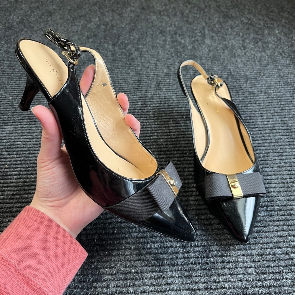Tommy Hilfiger Slingback Pumps Womens 7.5 Black Patent Bow Pointed Kitten Heels
